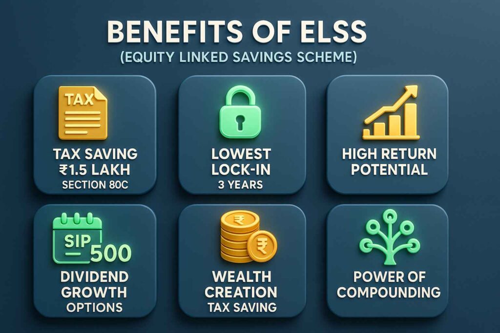 Key benefits of ELSS mutual funds including tax benefits, lock-in period, diversified portfolio, sound financial planning, and low minimum investment